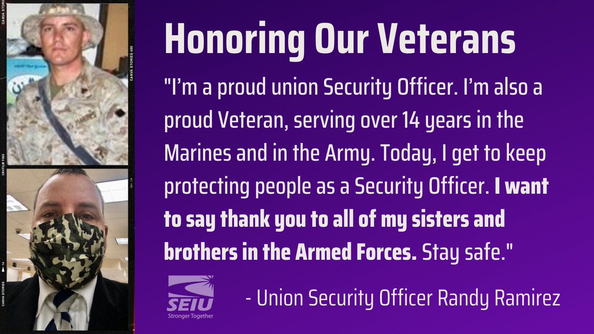 SEIU's tweet photo. Today, on #VeteransDay, we honor veterans like Security Officer Randy Ramirez and millions of other courageous veterans who put their lives on the line serving to keep our nation safe before and during this global pandemic. 

THANK YOU! @32BJSEIU @StandforSec https://t.co/LRI3E6EOiQ