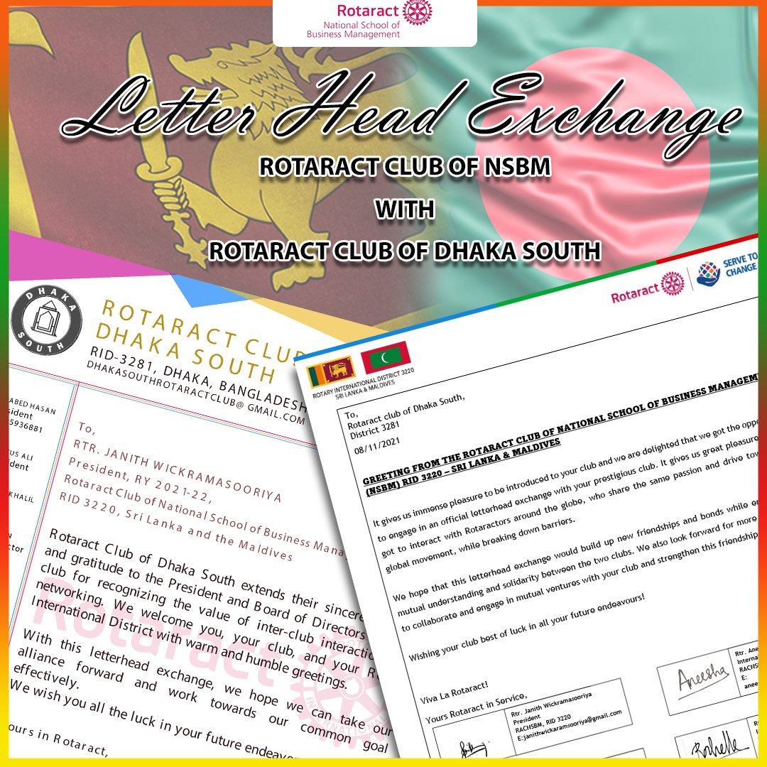 RotaractNSBM's tweet photo. We are pleased to announce that our club, the Rotaract Club of National School of Business Management had the pleasure of exchanging letterhead with the Rotaract Club of Dhaka South🤝🇱🇰🇧🇩 

#Rotaract 
#Rotaract3220
#WeAreRotaract
#SriLanka 
#Bangladesh 
#PurposeThroughService https://t.co/mUse4Bdkm4