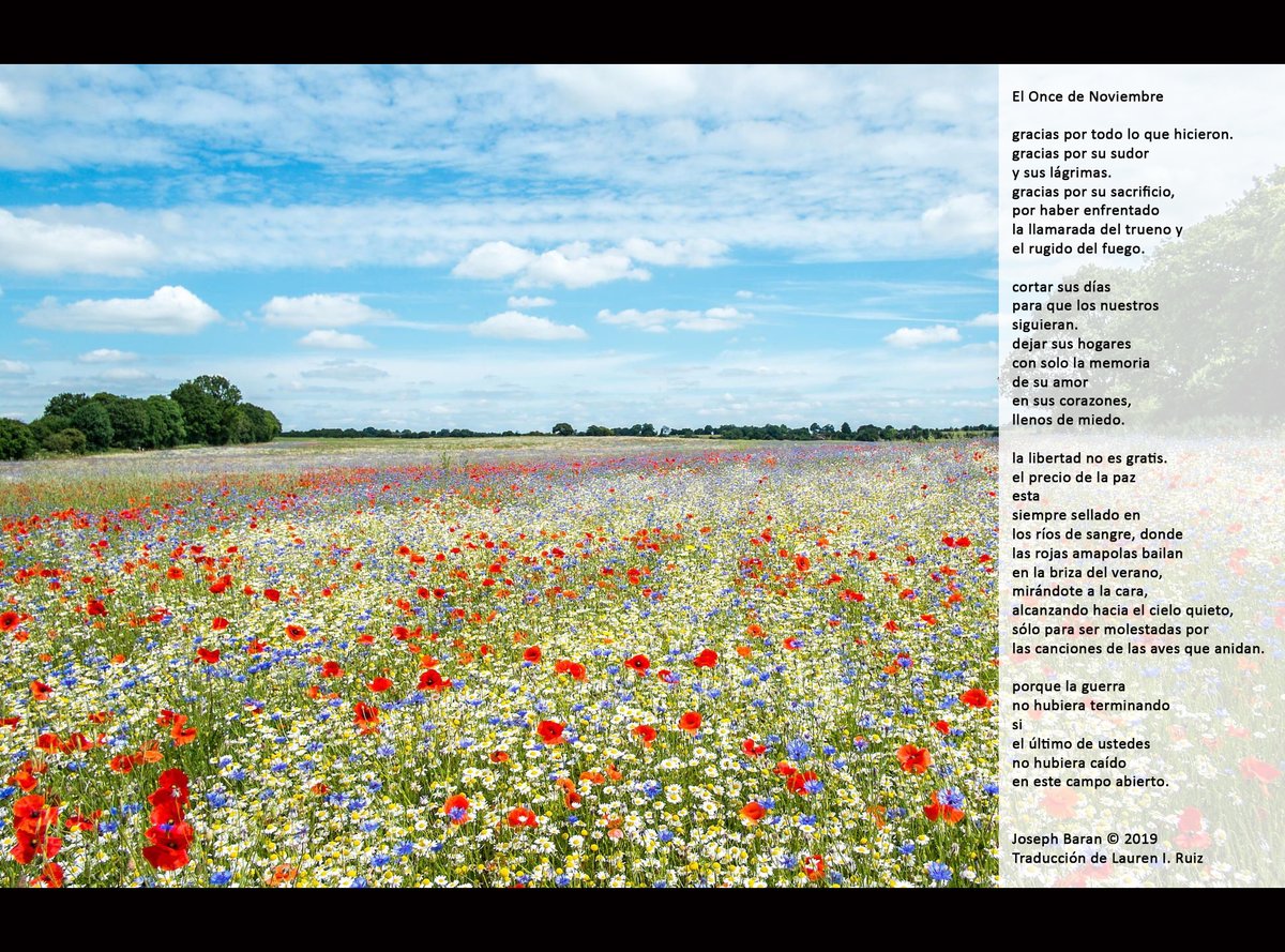 JosephJoeBaran's tweet photo. El Once de Noviembre
de Joseph Baran © 2019
Traducción de Lauren I. Ruiz

#1ªGuerraMundial #2ªGuerraMundial #guerra #Guerras #paz #Veteranos #VeteranosDeGuerrasExtranjeras #GraciasVeteranos

#poesia #poemas #amor #vida #esperanza https://t.co/IAvcZy1RJQ