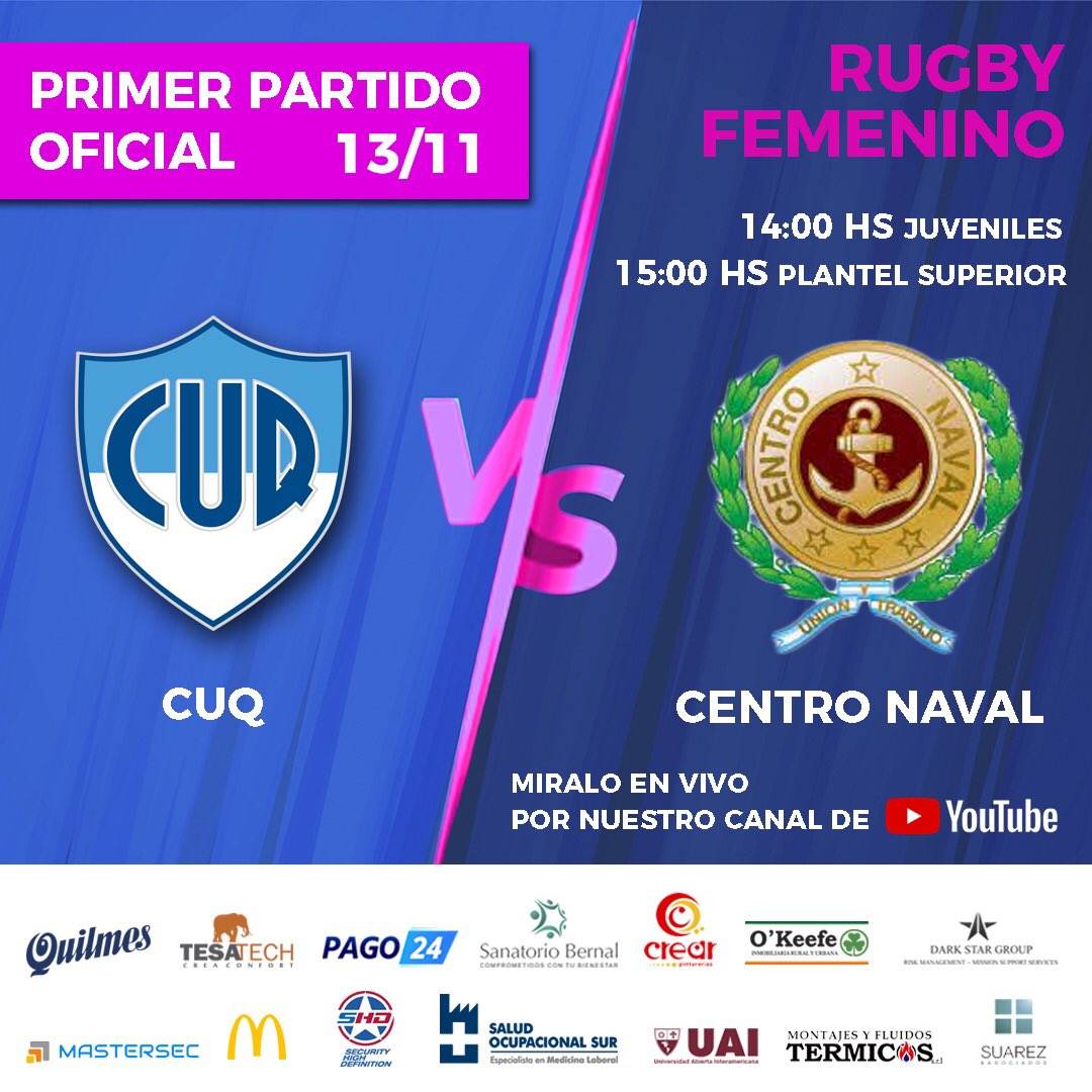 ¡El rugby femenino llega a Quilmes de la mano del CUQ!😀🏉 el primer partido oficial de nuestro Plantel Femenino! Vení a alentar al equipo en esta jornada histórica!
👉🏻14hs Entrenamiento Juveniles con Centro Naval.
👉🏻15hs CUQ vs Centro Naval.