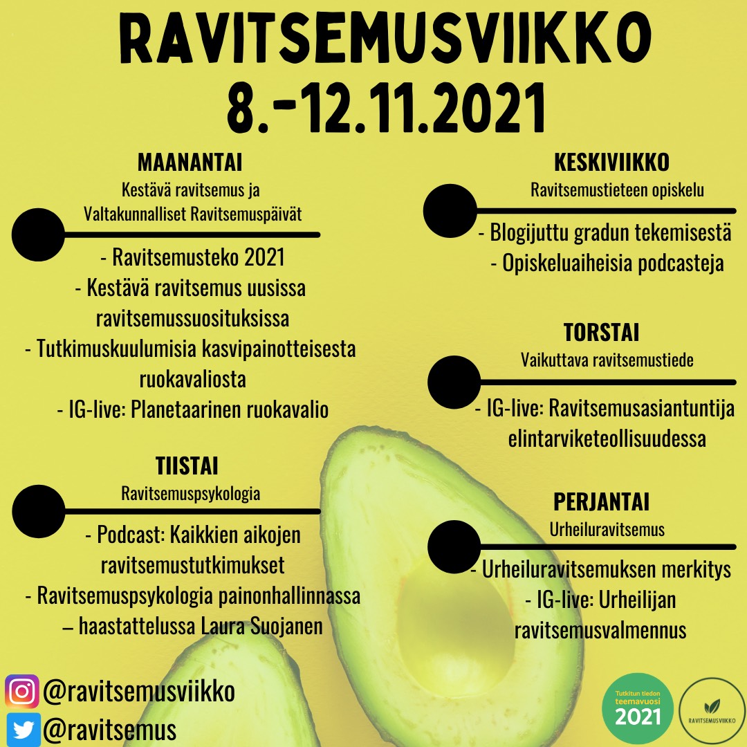 Huomenna #ravitsemusviikko aiheena urheiluravitsemus! Kannattaa siis ottaa <a href="/ravitsemus/">Ravitsemus</a> seurantaan viimeistään silloin. Paljon urheiluravitsemusasiaa tiedossa täällä Twitterissä ja IG:n puolella. Ainakin itse innolla kuuntelen IG-liven klo 15 urheilijan ravitsemusvalmennuksesta!💪
