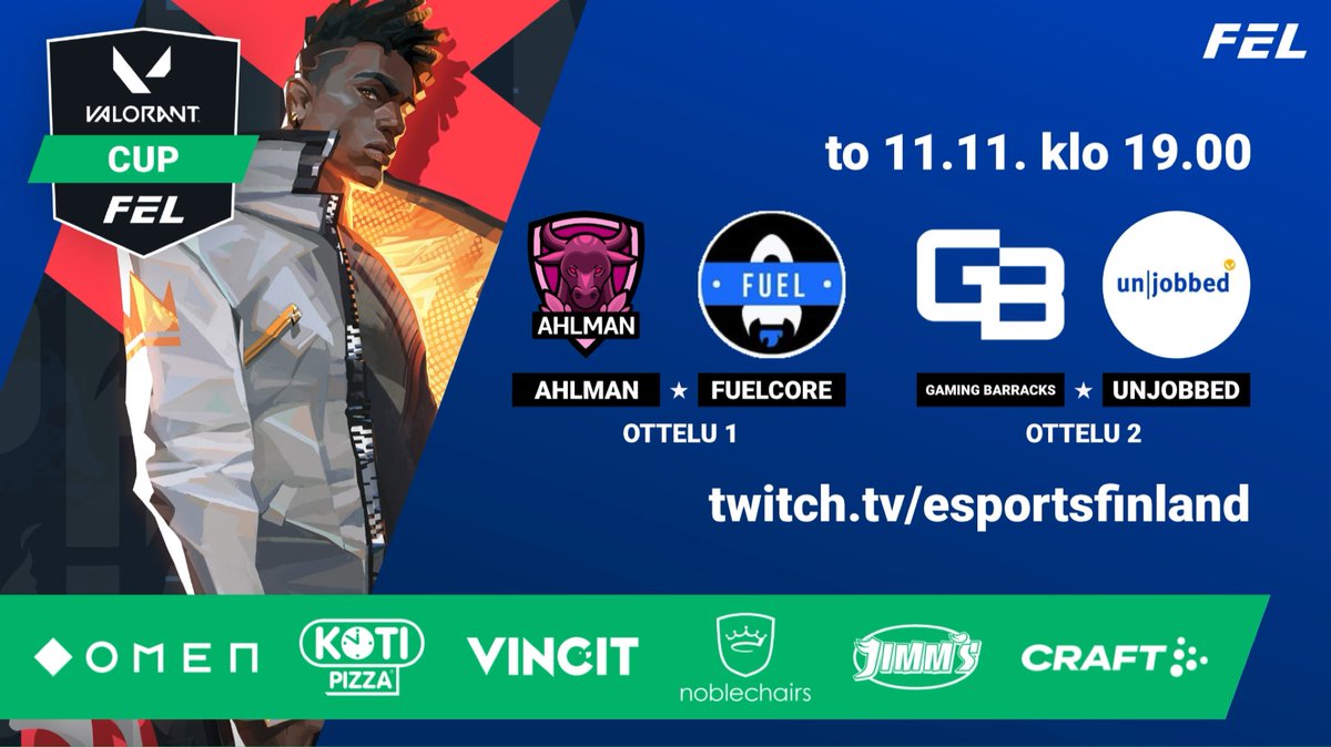 Tänään vedetään taas! 🌟 Valorant Cupissa illalla kaksi ottelua:

⚔️ #AhlmanEsports – <a href="/fuelcoreVAL/">FuelCore</a>
⚔️ <a href="/Gaming_Barracks/">Gaming Barracks</a> – <a href="/unjobbedVAL/">unjobbed</a>

🕰 19.00
📺 twitch.tv/esportsfinland
🎙 <a href="/its_MP_/">MP</a> &amp; <a href="/KapaKailanto/">Kapa</a>

Toinen matsi heti ensimmäisen perään. 💫

#valorantcup #valorantfi #esportsfi