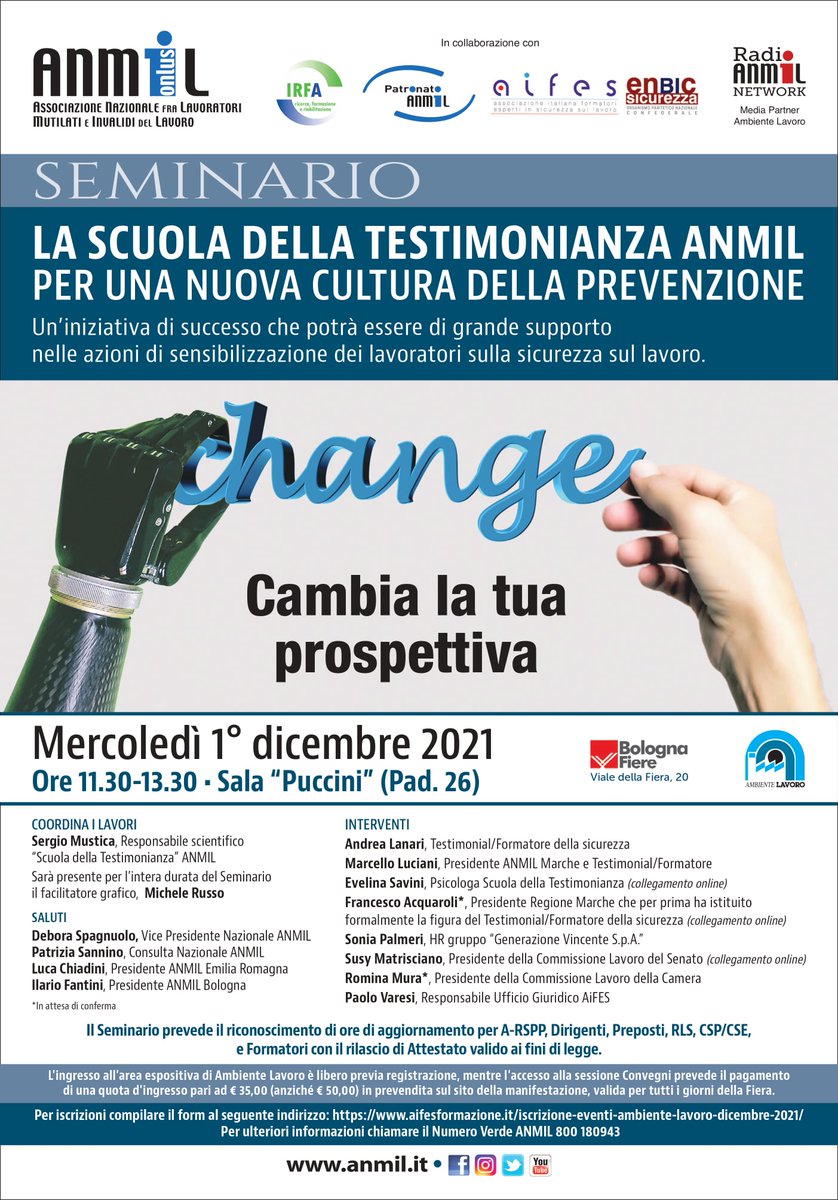 🔵LA SCUOLA DELLA TESTIMONIANZA ANMIL PER UNA NUOVA CULTURA DELLA PREVENZIONE 
Un’iniziativa di successo che potrà essere di grande supporto nelle azioni di #sensibilizzazione dei #lavoratori sulla #sicurezzasullavoro.
<a href="/Ambiente_Lavoro/">Ambiente Lavoro</a> <a href="/AifesFormazione/">Aifes Formazione</a> <a href="/BolognaFiere/">BolognaFiere Group</a>