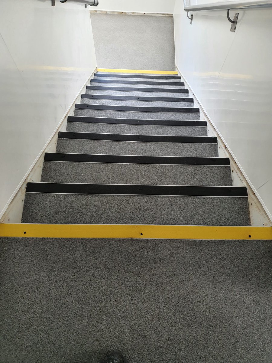 Out of hours installation for national retailer at processing centre in Scotland. Flowcrete Flowfast Quartz to stairs. #Retail #Resin #Floors #QFlooringSystems