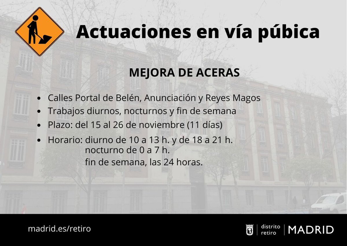 JMDretiro's tweet photo. 📢Estas son las actuaciones en vía pública 🚧que se realizarán en el distrito de #Retiro del 15 al 26 de noviembre. Disculpen las molestias 👇🏼 https://t.co/oAD8qyqhC8