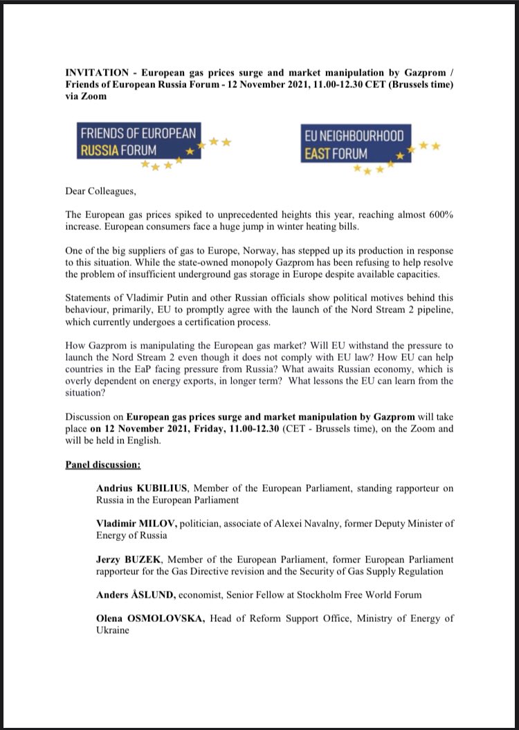 KubiliusA's tweet photo. 📣 Discussion on European gas prices surge & market manipulation by Gazprom on 12 NOV/11.00 CET. Register to participate https://t.co/FpIPnlzrx1
#FriendsOfEuropeanRussiaForum
#EUEastNeighbourhoodForum https://t.co/q0myYeBjXx