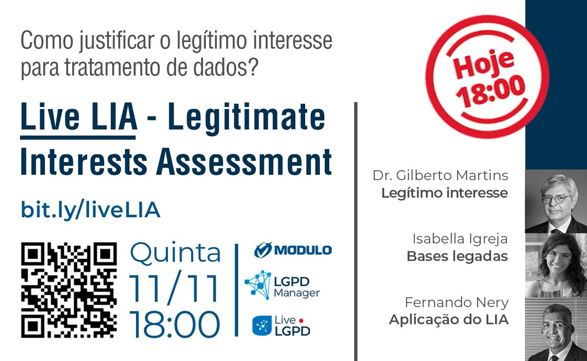 modulogrc's tweet photo. É hoje!! E ainda dá tempo de se inscrever: https://t.co/EcLchJBnKy
Live de LGPD às 18h sobre Legítimo Interesse - uma hipótese de tratamento complexa que traz oportunidades e ameaças.
#lgpd #protecaodedados #privacidade #dpo #leigeraldeproteçãodedados #dadospessoais https://t.co/9wHqMJMD0K