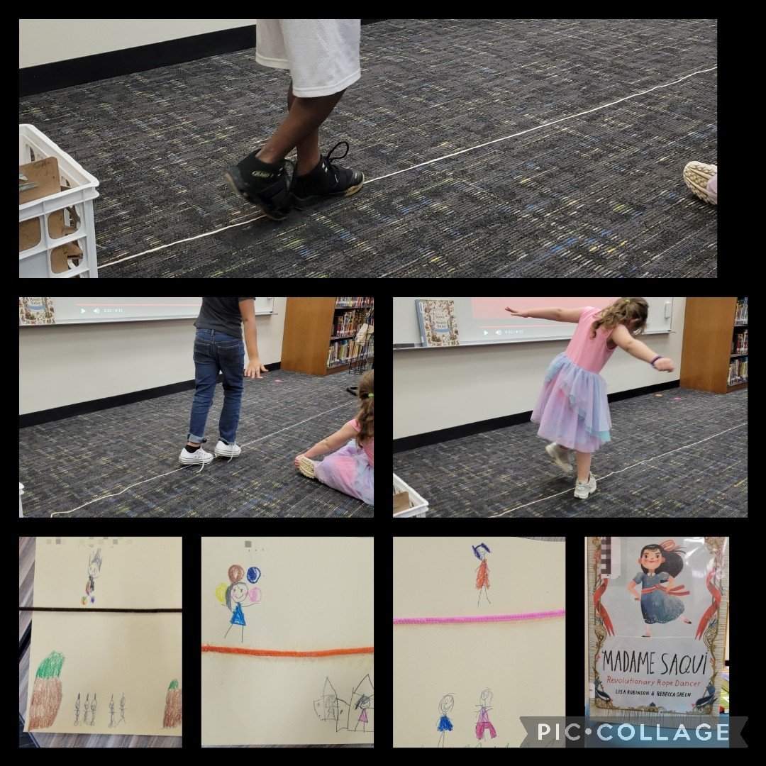 During French week, we took some time to learn about some French rope walking artists like Philippe Petit and Madam Saqui. We had fun being tightrope walkers and making pictures of us on a tightrope.