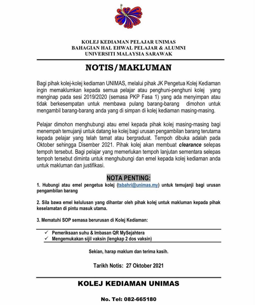 brcunimas's tweet photo. NOTIS PENGAMBILAN BARANG DARI STOR SIMPANAN KOLEJ BUNGA RAYA 2021. https://t.co/cb7DEzXk6y