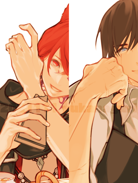 red hair multiple boys miqo'te animal ears male focus 2boys cup  illustration images