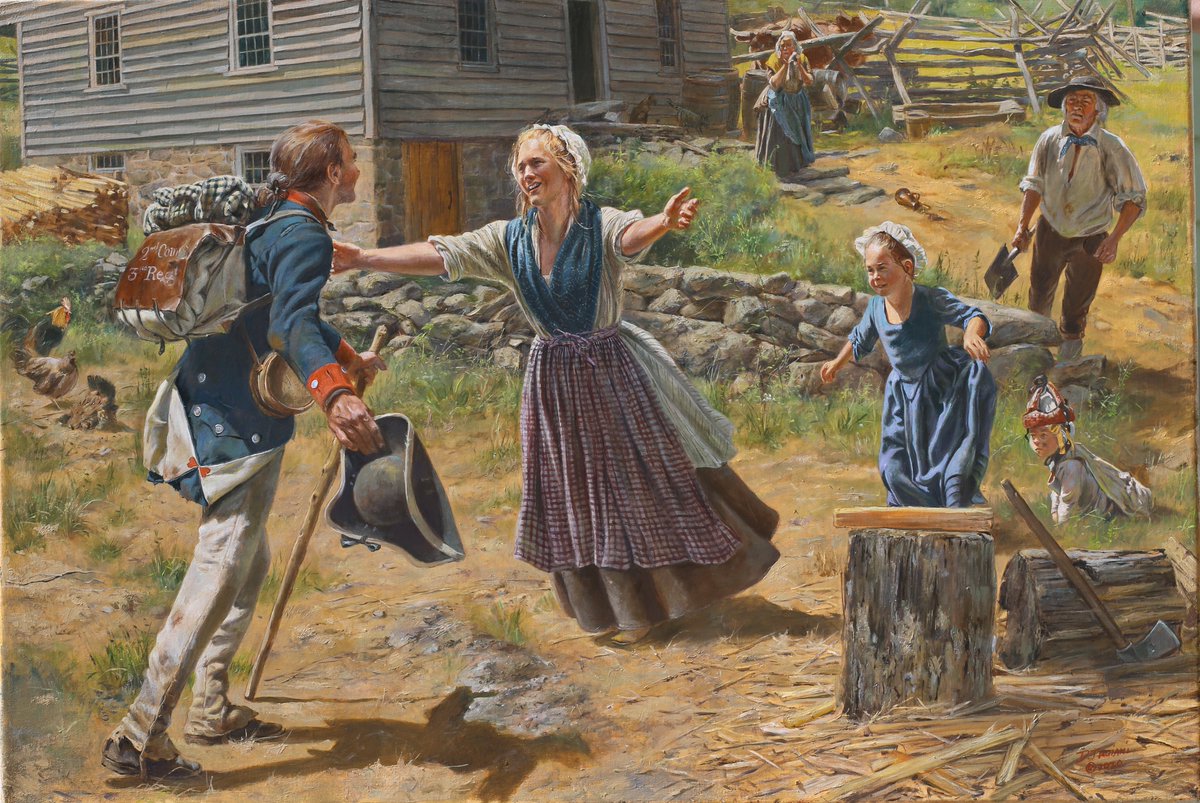 In 1783, the Continental Army disbanded. The soldiers typically left with little more than their worn-out uniforms and signed paper discharges. Scenes like this one of a veteran returning to his family were fleeting moments. #VeteransDay 

🎨 The Veteran's Return, by Don Troiani