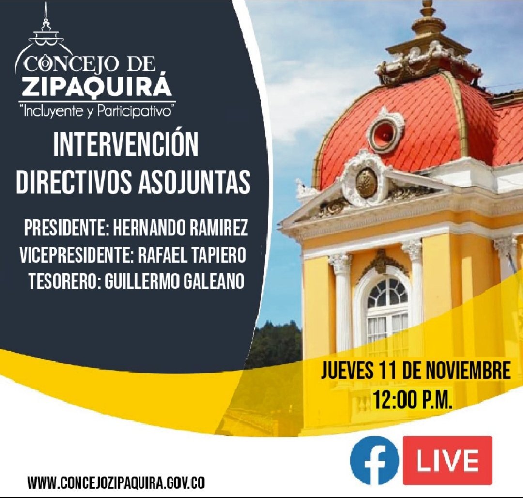 #Participativo🙋🏻‍♀️

La Asociación de Juntas de #Zipaquirá interviene en el #ConcejoMunicipal como espacio de participación ciudadana. 

Usted puede participar en el Facebook Live🔴⬇️⬇️⬇️