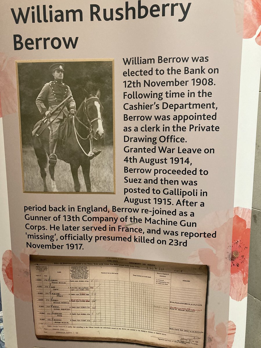 museum_owl's tweet photo. Day 11 of #Museum30 is #poppy. #BoEArchive did research into staff who had served during the First and Second World Wars. We now have these wonderful banners telling these stories https://t.co/LnL5gVJ8Ud