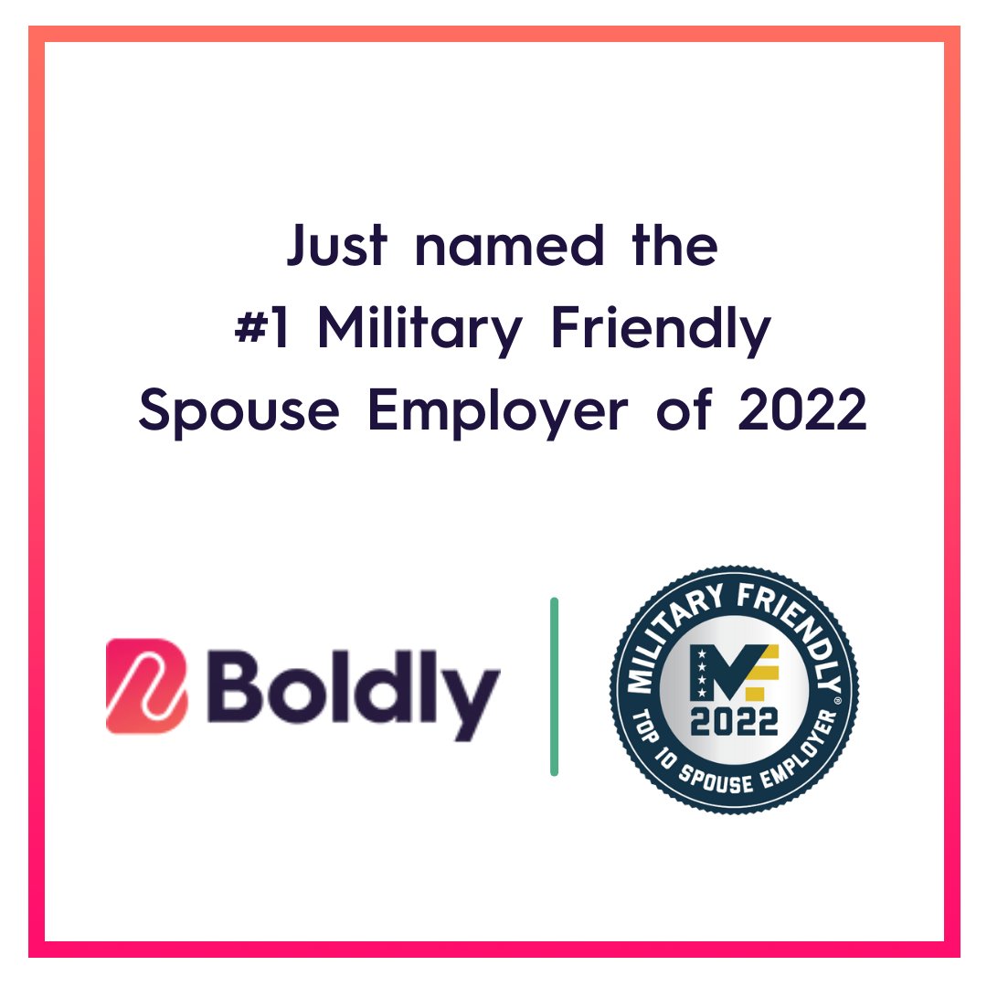workboldly's tweet image. Amazing news!! 🎉Boldly has been named the #1 Military Spouse Friendly® Employer in our category for 2022 by @Mil_Friendly! 🏆

From our start, we have committed to providing meaningful employment to military spouses. 

Congrats to everyone on the list!

militaryfriendly.com/military-spous…