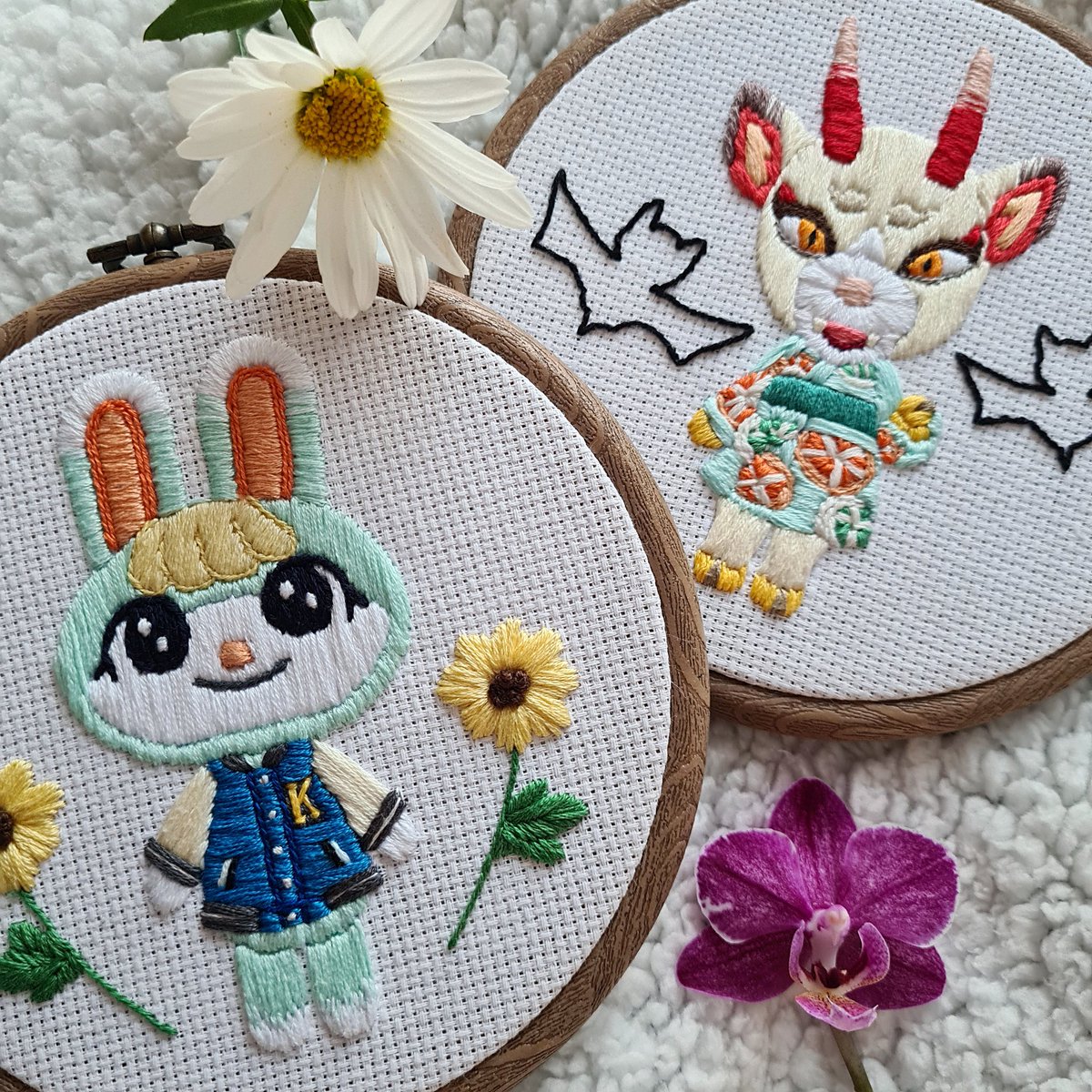 bykohakuchim's tweet image. hare are my finished Sasha and Shino embroidery hoops🌷

[ #animalcrossing #acnh ]