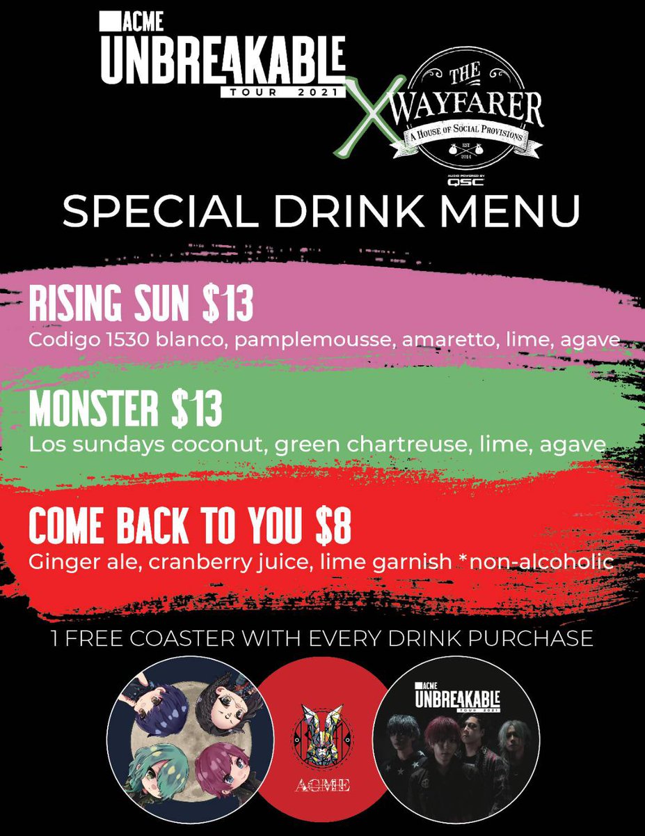 ACMEOFFICIALJP's tweet photo. The USA Unbreakable Tour final show is TODAY 11/11 at @wayfarercm in Costa Mesa! 😱

We will also have a special drink menu available, so come celebrate the tour final with us 🥂

🎟VIP Meet &amp; Greet - 5:30PM
🎟GA Doors - 7:00PM https://t.co/KpLRV2c3az