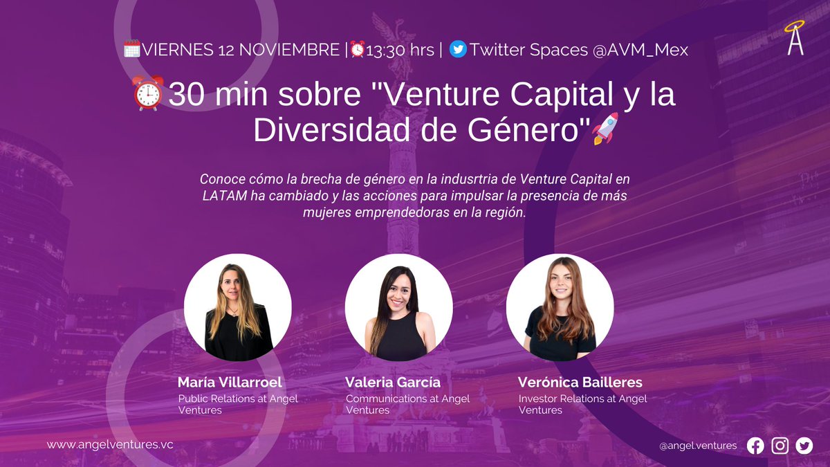 AVM_Mex's tweet photo. #AVSession🎙️¡Te esperamos MAÑANA 1:30PM⏰ por #TwitterSpaces junto con @verobailleres @mervillarroel y @valeriaagrc del equipo de @AVM_Mex para hablar de Venture Capital y la Diversidad de Género!🚀#AVTalk #StayTuned https://t.co/9v9ABlsvBh