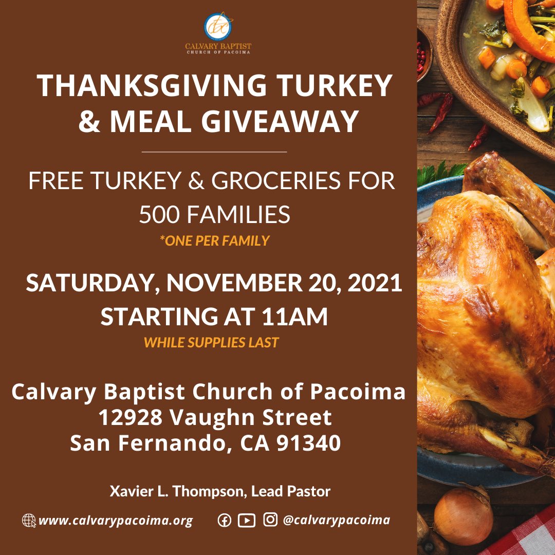 CalvaryPacoima's tweet photo. 📣$25,000 GIVEAWAY! 📣

We are giving away $25,000 in groceries to our surrounding Community!

Do you need or know someone who could use a helping hand this year to put a Thanksgiving meal on the table?

Stop by our campus on Saturday,  November 20th at 11am! 
*Masks are required https://t.co/vHZ0EUQHKO