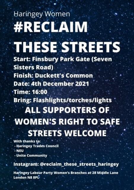 I will be joining Haringey Women #ReclaimTheseStreets 

✊🏽4th Dec
✊🏿Finsbury Park to Ducketts Common 
✊4pm
✊🏼All welcome

More info below👇🏽