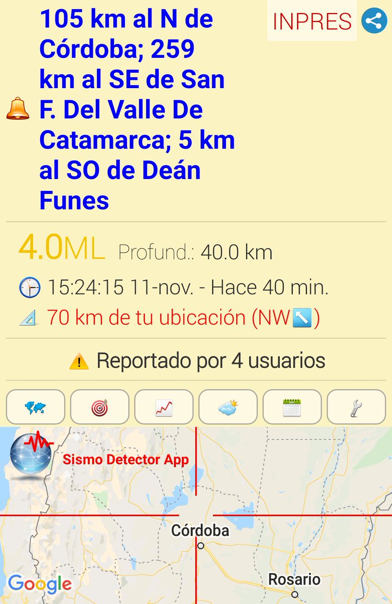 #sismo M4.0,  105 km al N de Córdoba; 259 km al SE de San F. Del Valle De Catamarca; 5 km al SO de Deán Funes. Reportado a través de la app Sismo Detector.