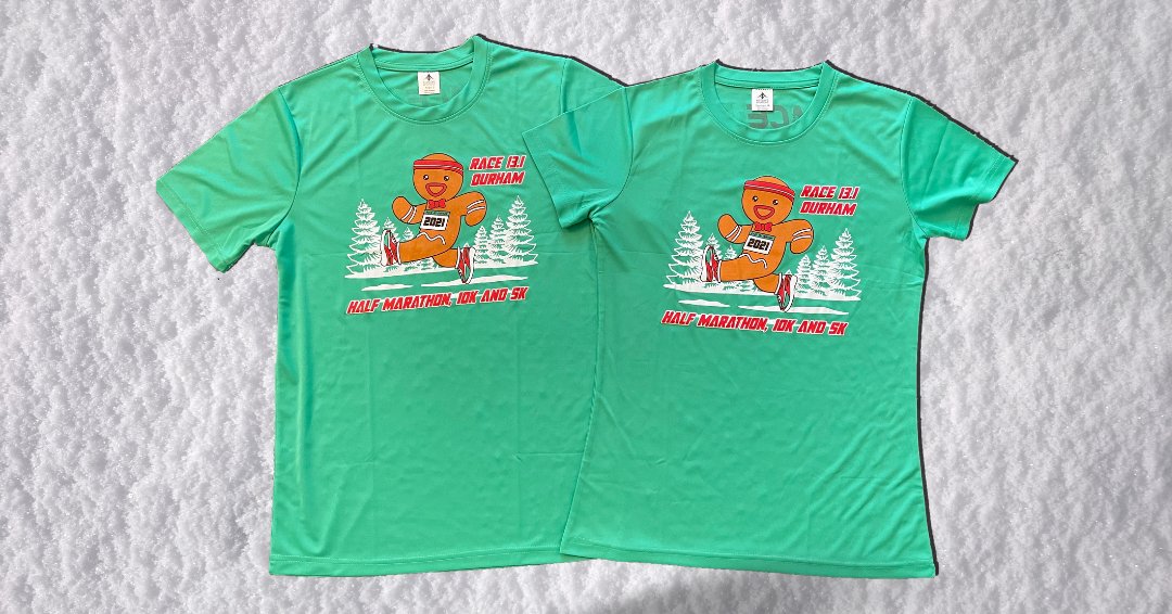 race131's tweet photo. Race 13.1 Durham is only a few weeks away! 

Whether you've been naughty or nice this year, you'll receive the 2021 Race 13.1 Durham shirt. With a holiday-themed design on the front you'll have the perfect attire for all your holiday parties. https://t.co/r0ack8ynC2