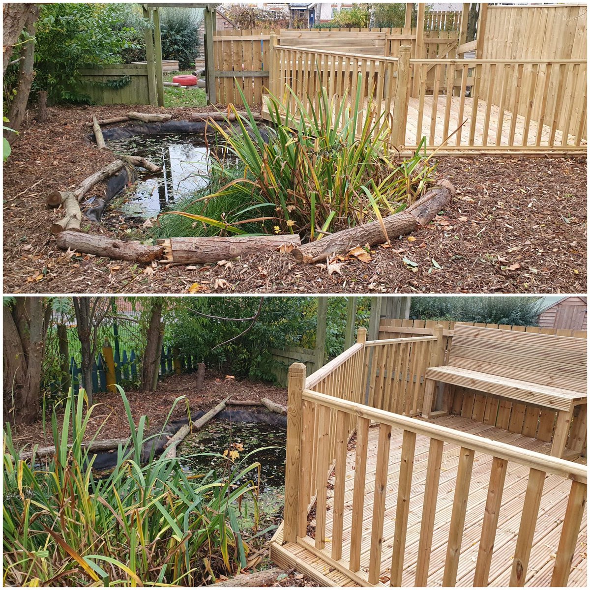 ArchibaldFirst's tweet photo. Look at our fabulously renovated pond area. Thank you to our PTFA, our secret donor, @groundworkuk and @AsdaFoundation.
We have a new accessible ramp, decking area, safety rail+fencing &amp; seat. The area has been cleared and the pond dredged &amp; refilled.
What a brilliant project! https://t.co/hnKxU3qowR