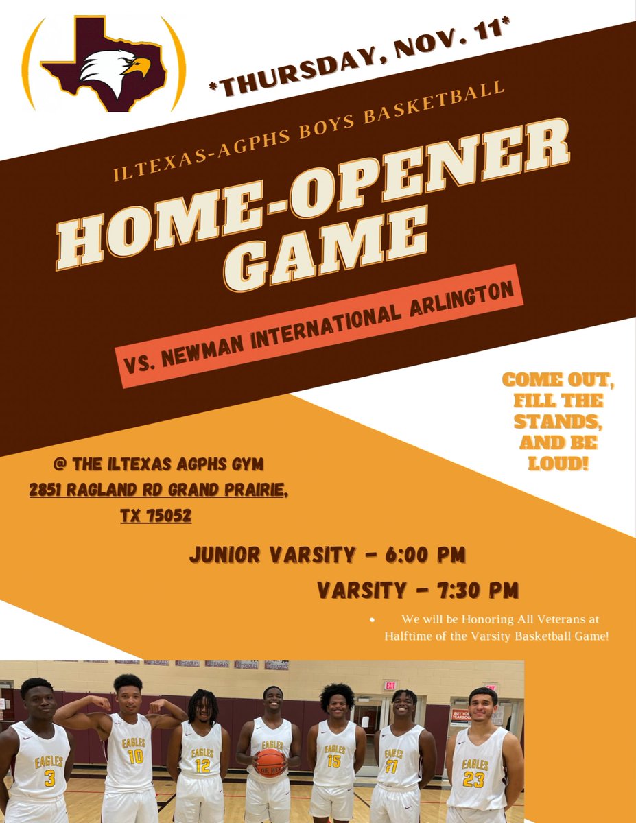 Coach_Turner87's tweet photo. Looking forward to our Home Opener vs Newman International Arlington At halftime we will be honoring our Veterans. We Itβs still early in the year and we have a lot of work to do #GameDay #AGPHS #Eagles #Basketball #Leadership #MakeHistory #Family #OutworkEverybody #Elevate #OTF https://t.co/peO5x2fQwE