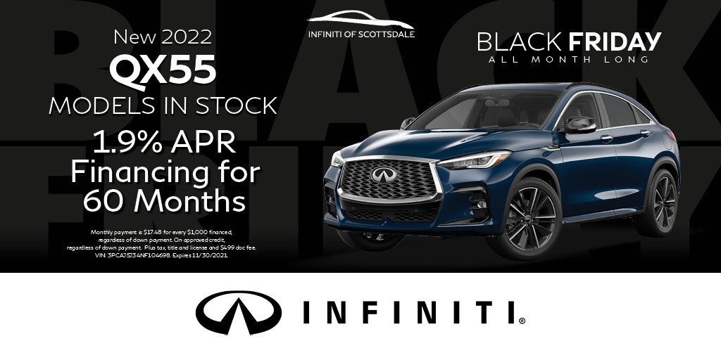 AZINFINITI's tweet photo. Get 1.9% APR Financing on new 2022 INFINITI QX55 models in stock at INFINITI of Scottsdale! Start shopping online here: https://t.co/OT9pzXQUCr https://t.co/hgpRzt2IQq