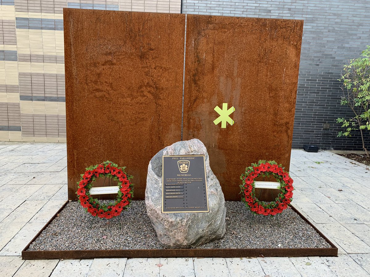 DavidLumpy46's tweet photo. Remembering those that gave the ultimate sacrifice at Peel Paramedic Services with wreaths laid at our memorial stone. @Peel_Paramedics @ChiefDundas Lest We Forget. https://t.co/3K23b5DM2w