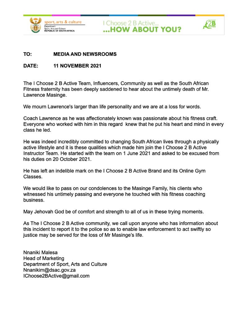 billysigudla1's tweet photo. Media Statement: 

The I Choose 2 B Active Team, Influencers and Community as well as the South African Fitness fraternity has been deeply saddened to hear about the untimely death of Mr Lawrence Masinge. 
#RIPLawrenceMasinge https://t.co/aqPTqz7a9u