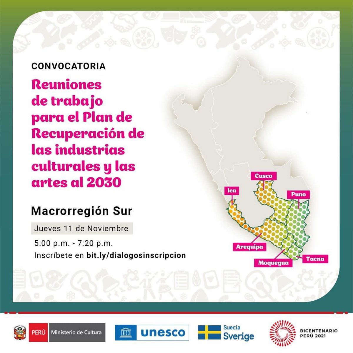 MParacas's tweet photo. Te invitamos a la Reunión de Trabajo para el Plan de Recuperación de las Industrias Culturales y las Artes organizada por UNESCO y el Ministerio de Cultura hoy 11 de noviembre del 2021 a las 5:00 p.m. ingresa aquí: https://t.co/0Wny4Ho0Tr...
https://t.co/RjQKUJxET3 https://t.co/PFmWsP4MfU