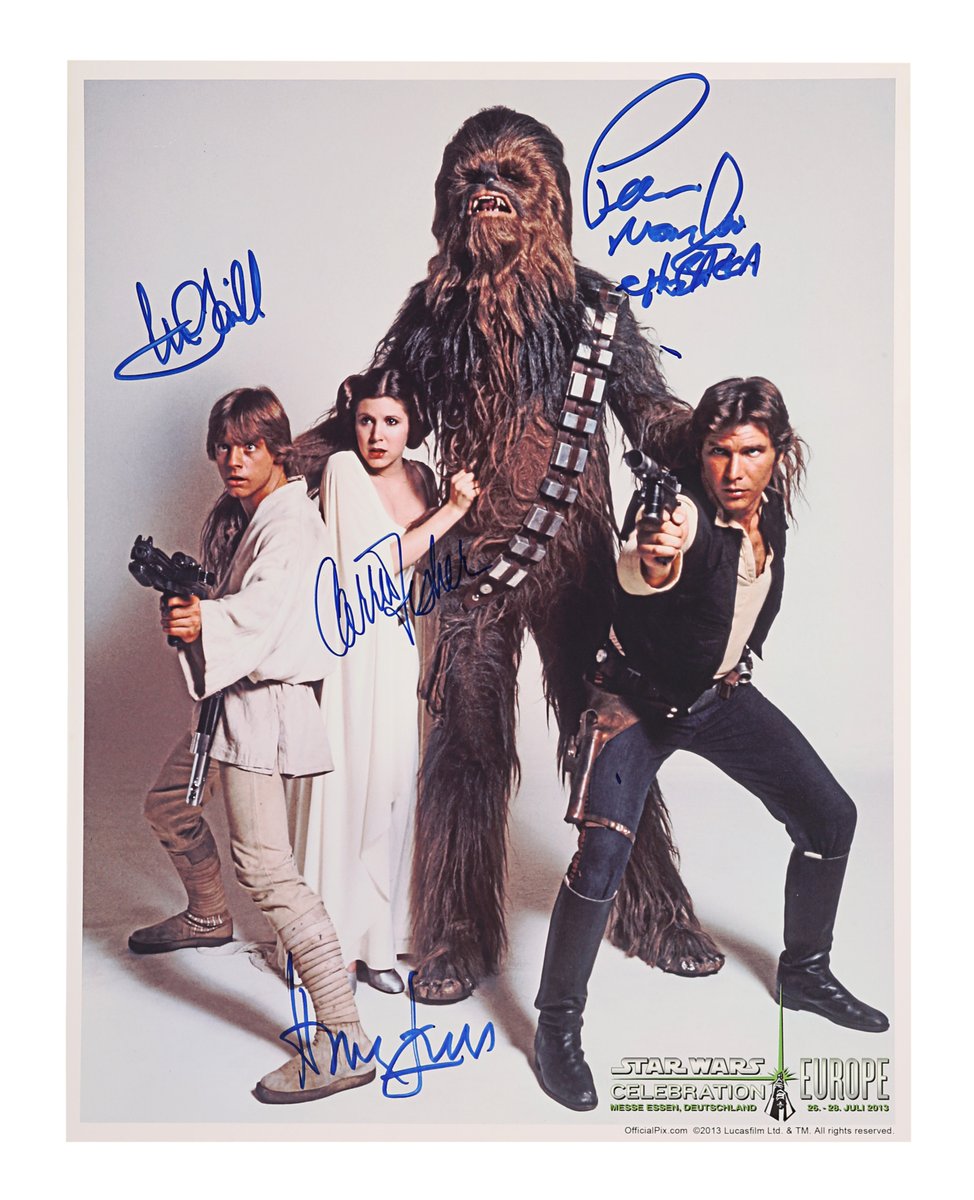 The team's all here in this awesome Harrison Ford, Mark Hamill, Carrie Fisher and Peter Mayhew autographed photo! Sold for £6,562 (incl. bp). #StarWars #PropStoreLiveAuction https://t.co/knMIk7O3fD