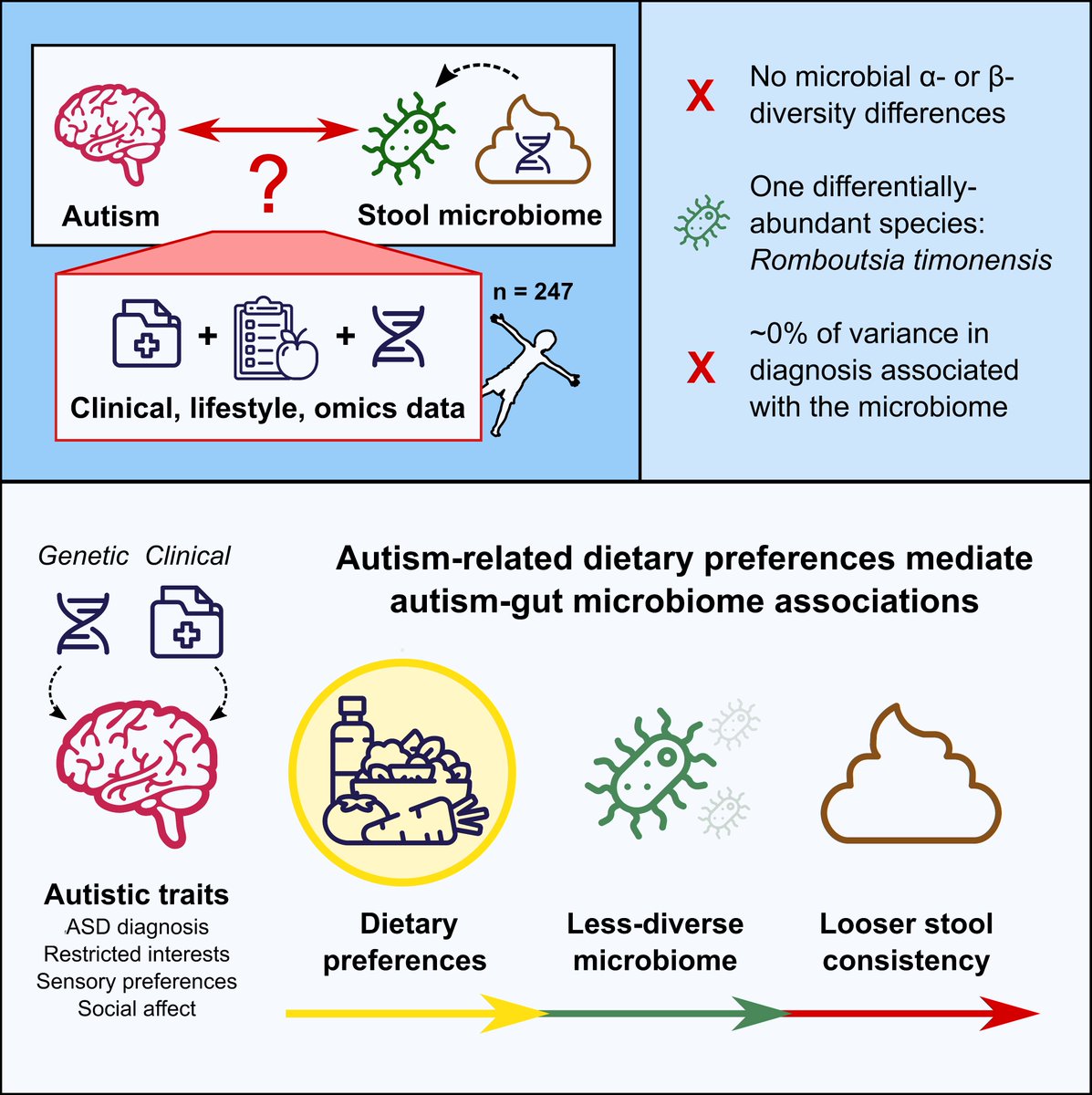 Our #autism #microbiome paper “Autism-related dietary preferences mediate autism-microbiome associations” is out in @CellCellPress today! authors.elsevier.com/c/1e3XWL7PXf05V Thread below (1/n) 👇: