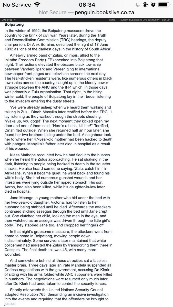 tumisole's tweet photo. FW De Klerk is no hero! 

17 June 1992: 

‘Jane clutched her child, looking at the men in the eye, and then watched as an assegai was driven through the little girl’s body. 

They stabbed Jane too, and chopped her fingers off.’ https://t.co/FcDgKJgG5t
