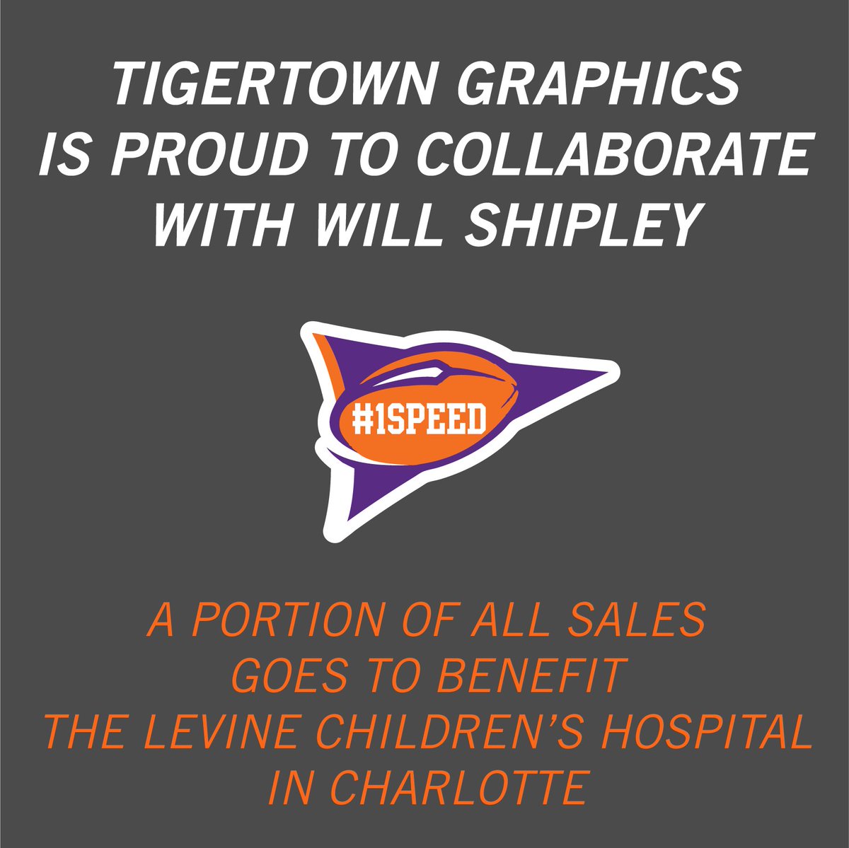 TTGrafx's tweet image. Tigertown Graphics is proud to collaborate with Will Shipley. A portion of all sales goes to benefit The Levine Children’s Hospital in Charlotte.⁠
#1SPEED @willshipley2021