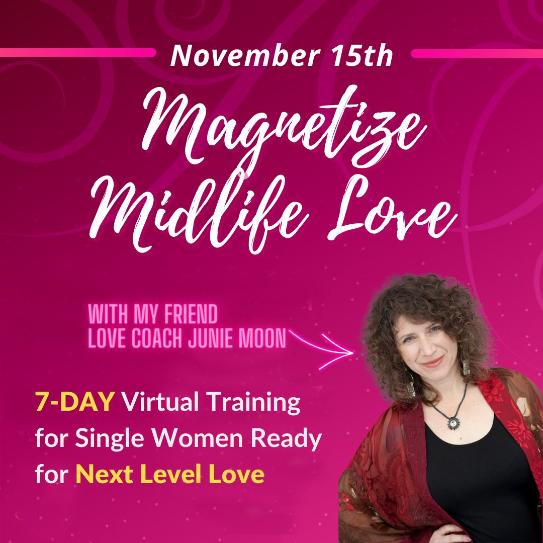 My very wise colleague &amp; dear friend Junie Moon the #Love Coach is offering a free event on Nov 15th for #women.
Magnetize #Midlife Love 7-Day LIVE Video Training:
- #Date with confidence.
- Heal love blocks.
- Uplevel in all areas of relationships.
Join bit.ly/JunieLove-A-Th…