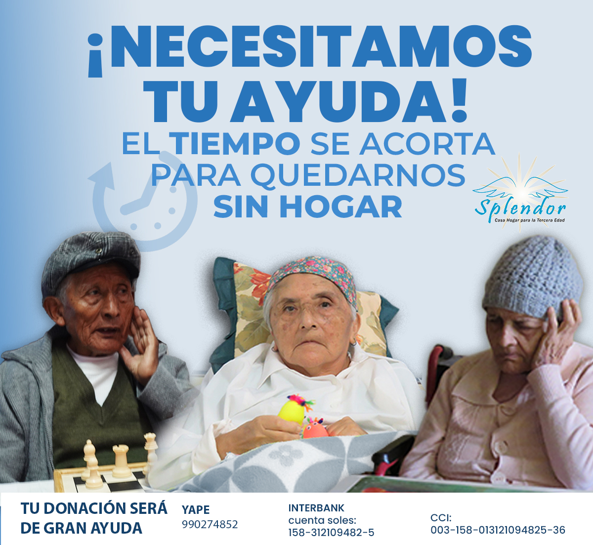 CasaSplendor's tweet photo. @HDeSotoPeru 
 La pandemia cambio la vida de todos, pero a Ellos los golpeo más que a nadie .. Tú puedes cambiarlo,tu donativo ayudara a una casa,cama caliente,alimentación,medicinas y cuidados que necesitan por su salud.Tu ayuda es muy importante por favor no sea indiferente https://t.co/e1UAMC80Em