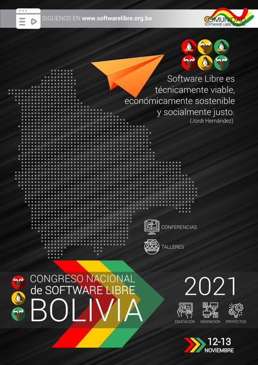 SLOBolivia's tweet photo. Y, mañana, viernes 12/11/21, empezamos el Congreso Nacional de Software Libre #CONASOL 2021. Programa de charlas y talleres en: https://t.co/VhnNY9ntSy
cc @AgeticBolivia https://t.co/UqOyW5pFaY