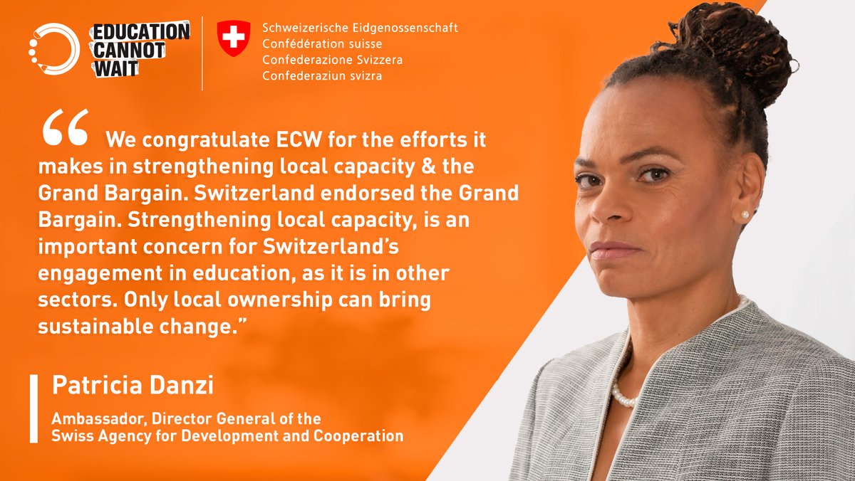 Education Cannot Wait (@educannotwait) on Twitter photo "We congratulate #ECW for the efforts it makes in strengthening local capacity & the #GrandBargain. Strengthening local capacity is an important concern for 🇨🇭’s engagement in education." ~<a href="/SwissDevCoop/">Swiss Development and Cooperation</a> Director Patricia Danzi.
Read her full interview ➡️bit.ly/3HhRUge "We congratulate #ECW for the efforts it makes in strengthening local capacity & the #GrandBargain. Strengthening local capacity is an important concern for 🇨🇭’s engagement in education." ~<a href="/SwissDevCoop/">Swiss Development and Cooperation</a> Director Patricia Danzi.
Read her full interview ➡️bit.ly/3HhRUge