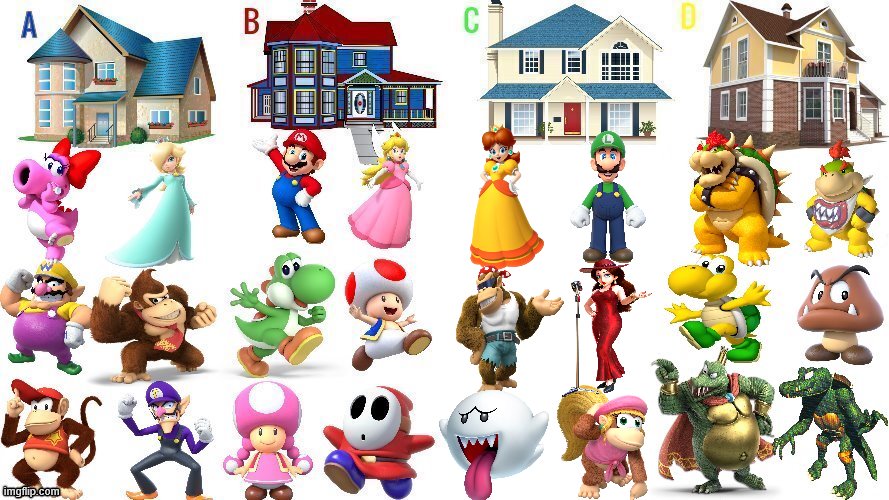 TerryTheBuneary's tweet photo. You can only choose one of the four houses on here. which house would you choose to say in? Super Mario and Donkey Kong characters Edition: 🏠 https://t.co/Y9RhL4wP06
