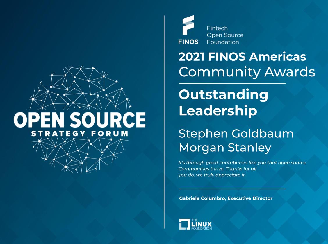 FINOSFoundation's tweet photo. Congratulations to Stephen Goldbaum from @MorganStanley for earning the "Outstanding Leadership" 2021 FINOS Americas Community Award at #OSSFNYC - thanks for your continued efforts contributing to #opensource in #financialservices! https://t.co/yyLs5hpslM
