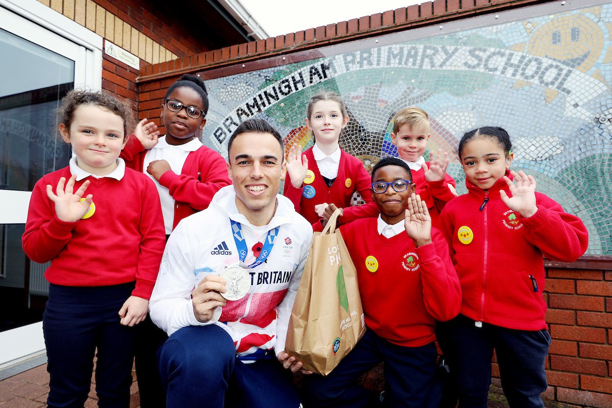 BraminghamP's tweet photo. What a visit from @TeamGB and @Tokyo2020 silver medallist @ryanowens0 An official opening of the new @AldiUK at Bramingham Park with our children followed by a truly inspirational talk in assembly. Well done Neresa for winning the #getsettoeatfresh competition https://t.co/pJ6uY17OLd