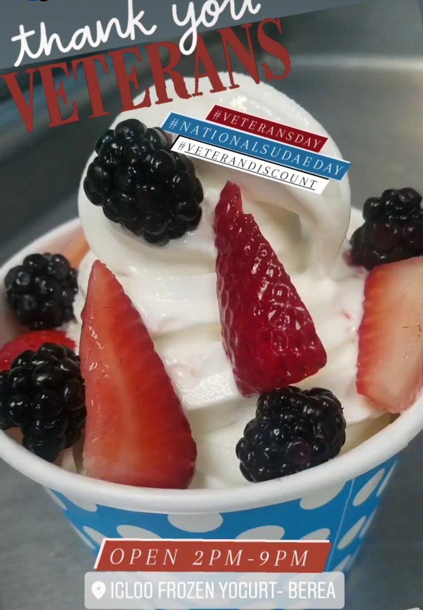 igloofyb's tweet photo. Daily discounts for our veterans! 
Open 2pm-9pm 

#veterandiscount #VeteransDay #NationalSundaeDay #froyo #froyocakes #cookies #vegan #giftcards https://t.co/yJJas3a0XM