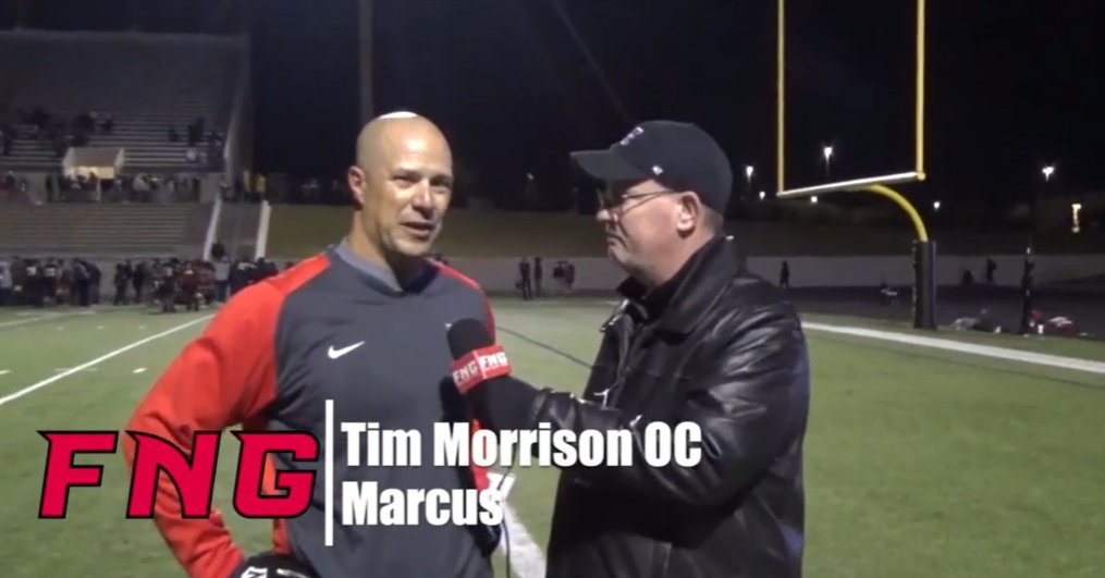 FridayNghtGlory's tweet photo. VIDEO Marcus Wide Receiver Dallas Dudley, Defensive Back Seth Sanchez, and Offensive Coordinator Tim Morrison chat about their 46-13 win over Plano East, and about winning their 3rd straight district title https://t.co/5HeT7llN7Y #txhsfb #FNGsports @MarauderFans https://t.co/QCMA5lWJJM