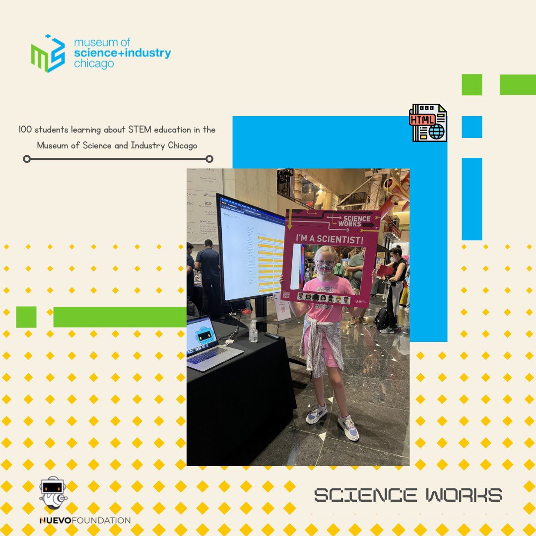 NuevoFoundation's tweet photo. THANK YOU @msichicago and Science Works for allowing us to share our STEM workshops with many curious students 🎉 🤓! @ximena_cortez01 
We are so excited to be part of their STEM growth ❣️
#anyonecancode #chicago #stemeducation #scienceworks #stemchicago https://t.co/AlOEeltNuK
