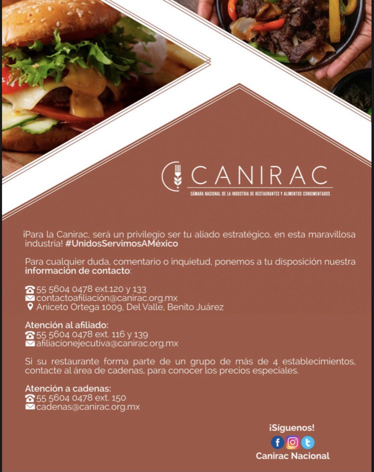 Para la CANIRAC sería un privilegio tenerle como alidado. Nosotros llevaremos su voz a las diversas instituciones gubernamentales y les acompañaremos en todos los procesos de interés para la industria y los establecimientos mercantiles. ¡Juntos somos más fuertes!

<a href="/chefbeza2/">@chefbeza_</a>