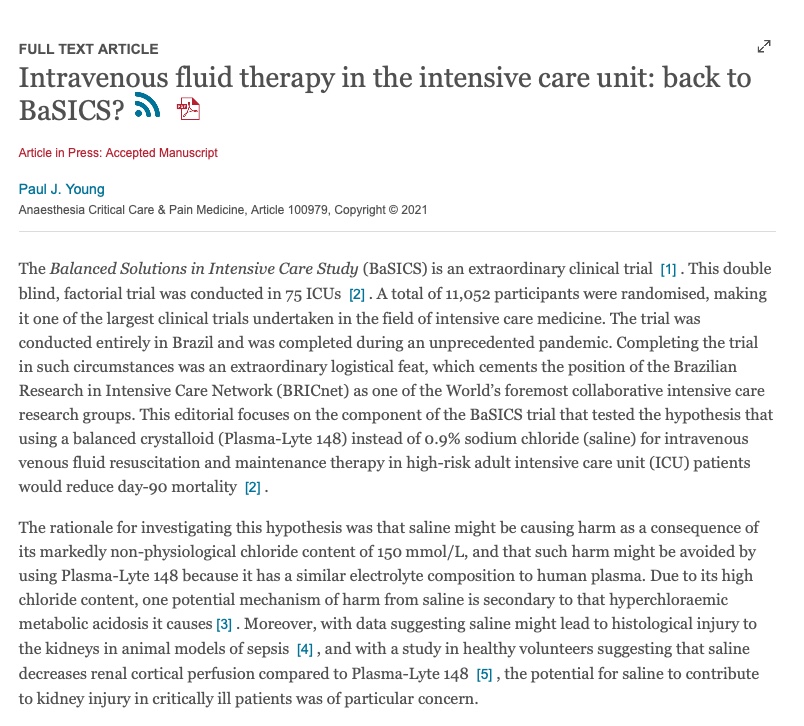 We have 3 new publications. The first is in Anaesthesia Critical Care &amp; Pain Medicine: Intravenous fluid therapy in the ICU: back to BaSICS?
pubmed.ncbi.nlm.nih.gov/34748938/