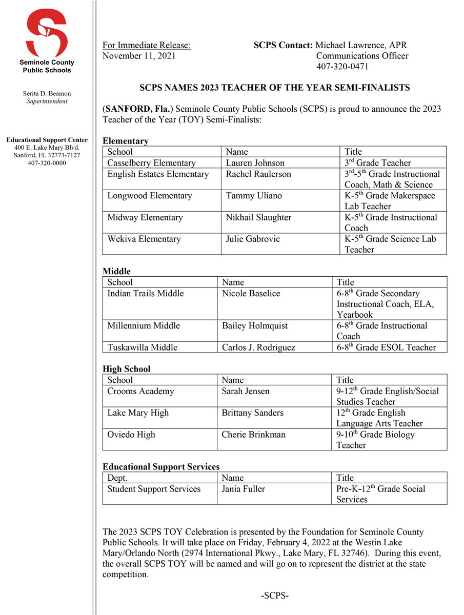 Congratulations to our SCPS 2023 Teacher of the Year Semi-Finalists!