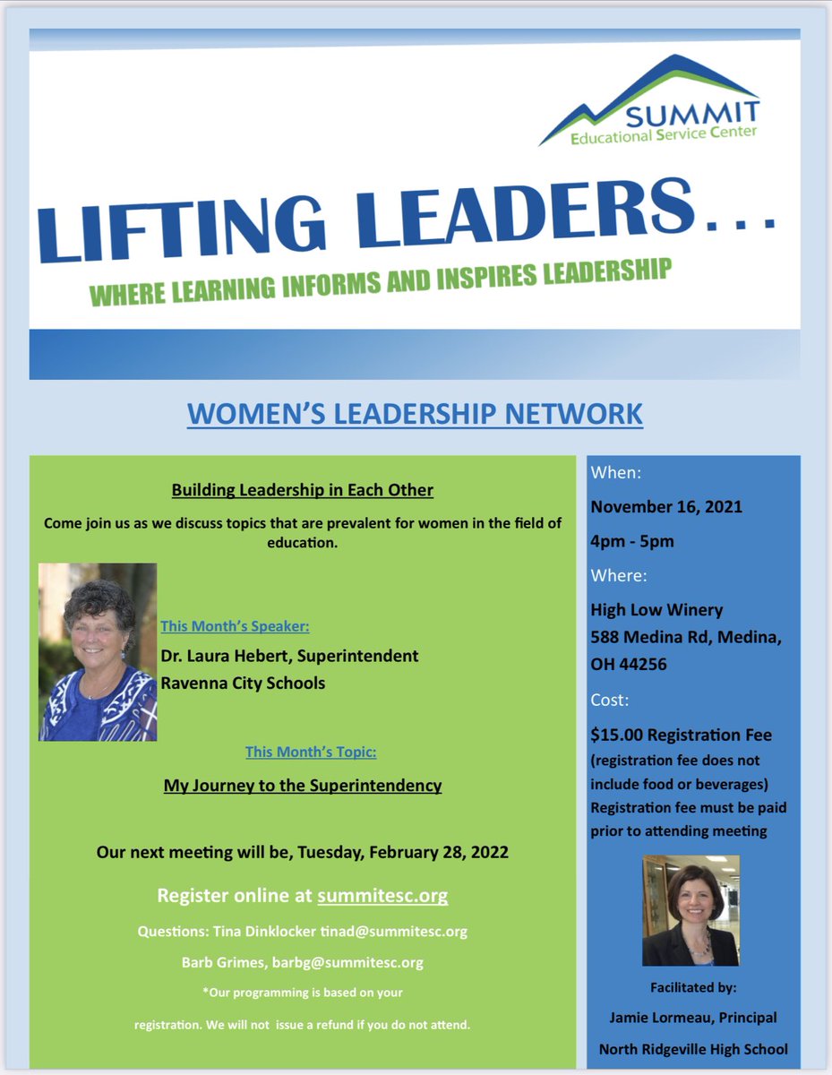 SummitCountyESC's tweet photo. Don’t miss some of our exciting Lifting Leaders sessions for this month!

Tuesday, November 16th—Women’s Leadership Network 

Wednesday, November 17th—Aspiring Superintendents Cohort

Register Here:

https://t.co/14rKYchPbg

#professionaldevelopment #summitesc https://t.co/phCEv2TEN4