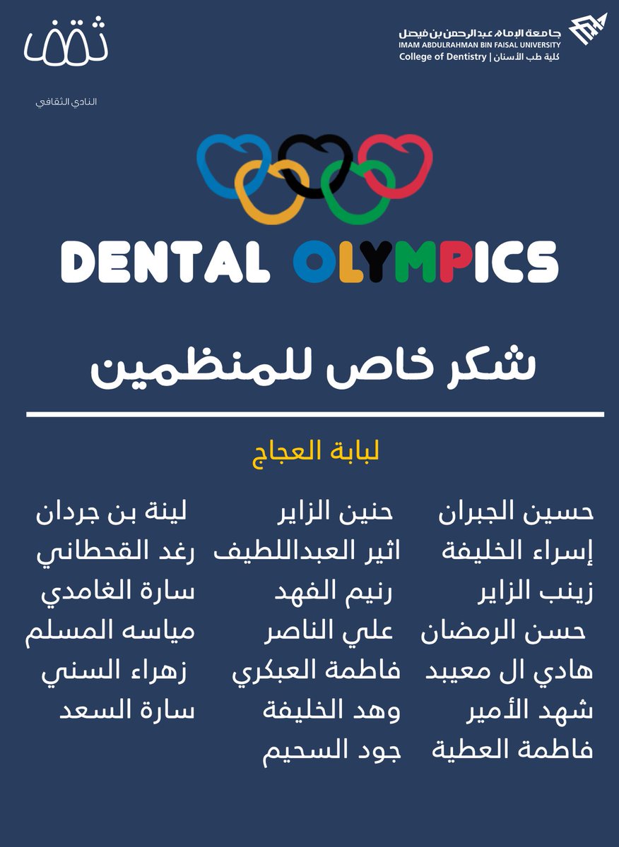 جزيل الشكر والإمتنان لكلية طب الأسنان على دعمها المستمر في تنظيم مسابقة Dental Olympics في عامها الثاني على التوالي. 
وشكر خاص موصول للدكتورة مرام الغامدي وأستاذة سارة البقمي نظير جهودهم المبذولة في الإشراف على المسابقة ولطلاب وطالبات طب الأسنان القائمين على التنظيم.
